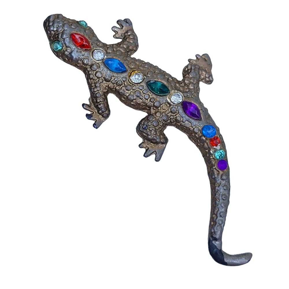 Vintage 80's Bejeweled Brass ? Lizard Chameleon Iguana Brooch Pin Colorful 3"